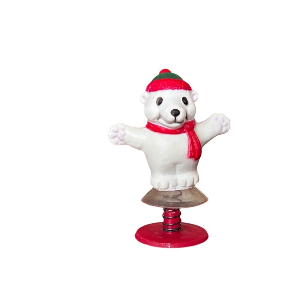 Vintage Polar Bear Bobble Head Figurine Red Scarf Green Hat‎ Winter Holiday Toy